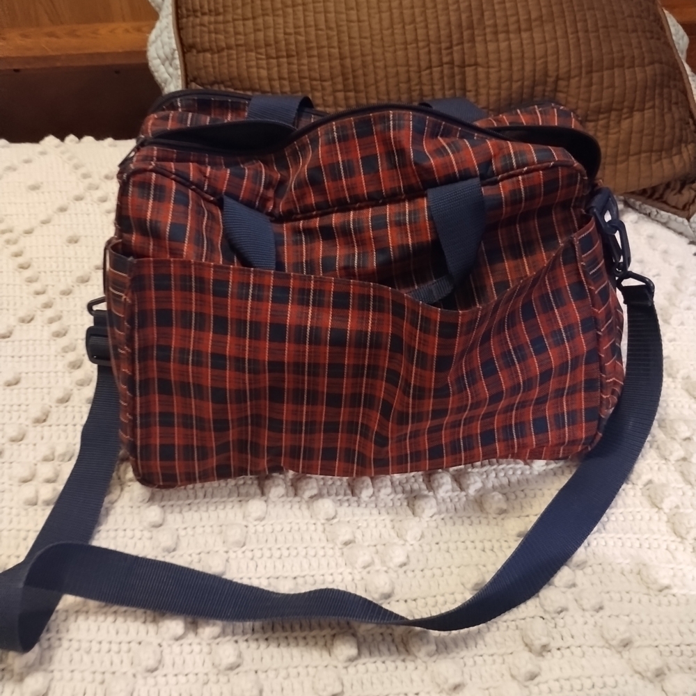 Lands' End Red and Blue Plaid Travel Bag